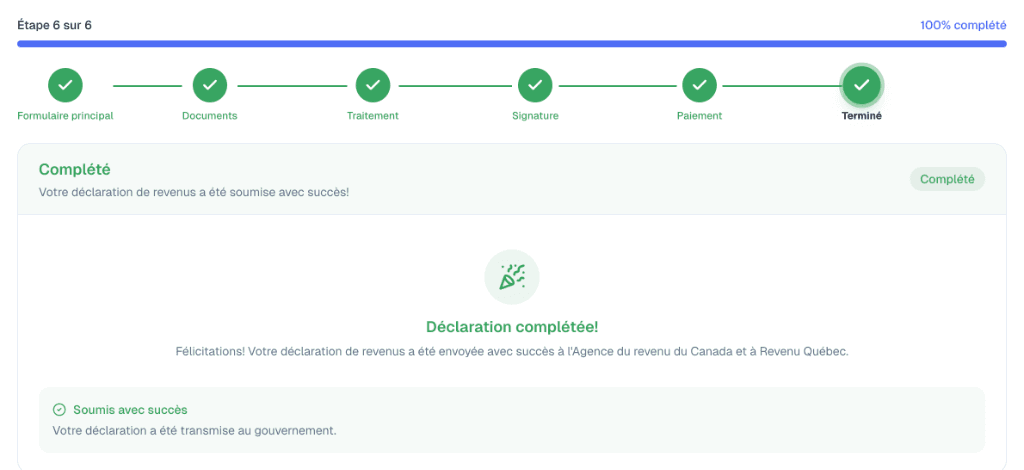 Goraimpots — Seasonal Tax Automation: Tax filing portal showing completed 6-step declaration workflow with progress stepper